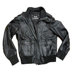 Women’s Black Genuine Leather Bomber Jacket Multiple Pockets Sz. UK 44 US 12
